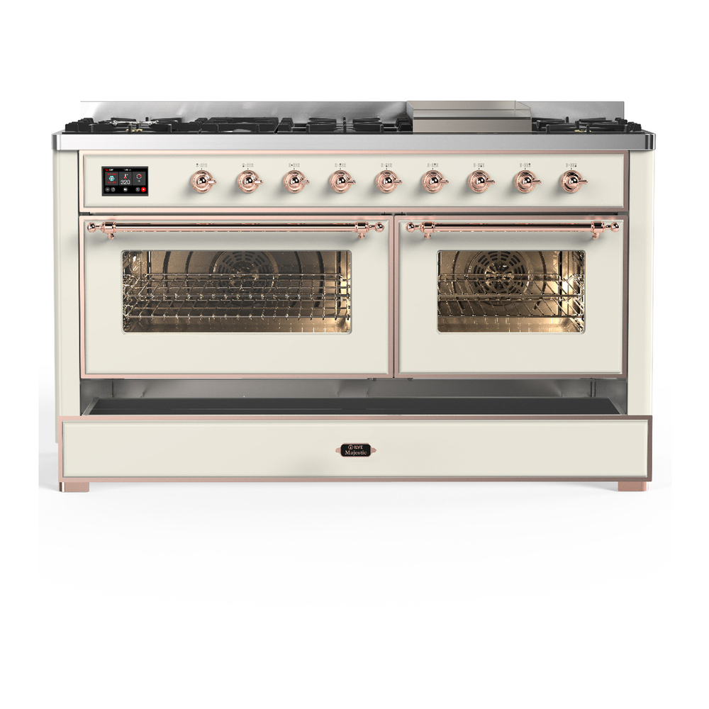 ILVE UM60FNR3AWPLP Majestic III 60 inch Dual Fuel Range with 9 Burners and Griddle, Dual Function Burner up to 25,000 BTU (Liquid Propane, Triple Glass Door, Antique White, Copper) 5 ILVE-UM60FNR3AWPLP-Drawer Open View