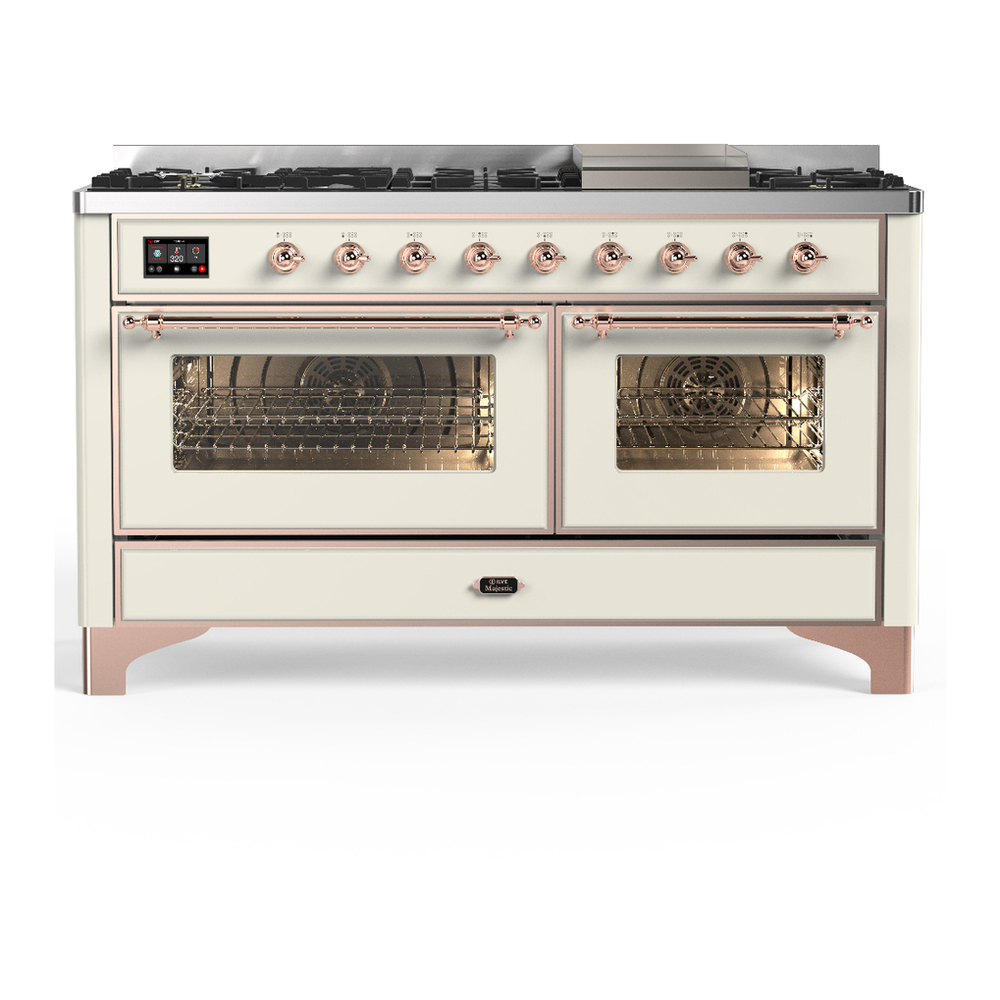 ILVE UM60FNR3AWP Majestic III 60 inch Dual Fuel Range with 9 Burners and Griddle, Dual Function Burner up to 25,000 BTU (Natural Gas, Triple Glass Door, Antique White, Copper) 1 UM60FNR3AWP