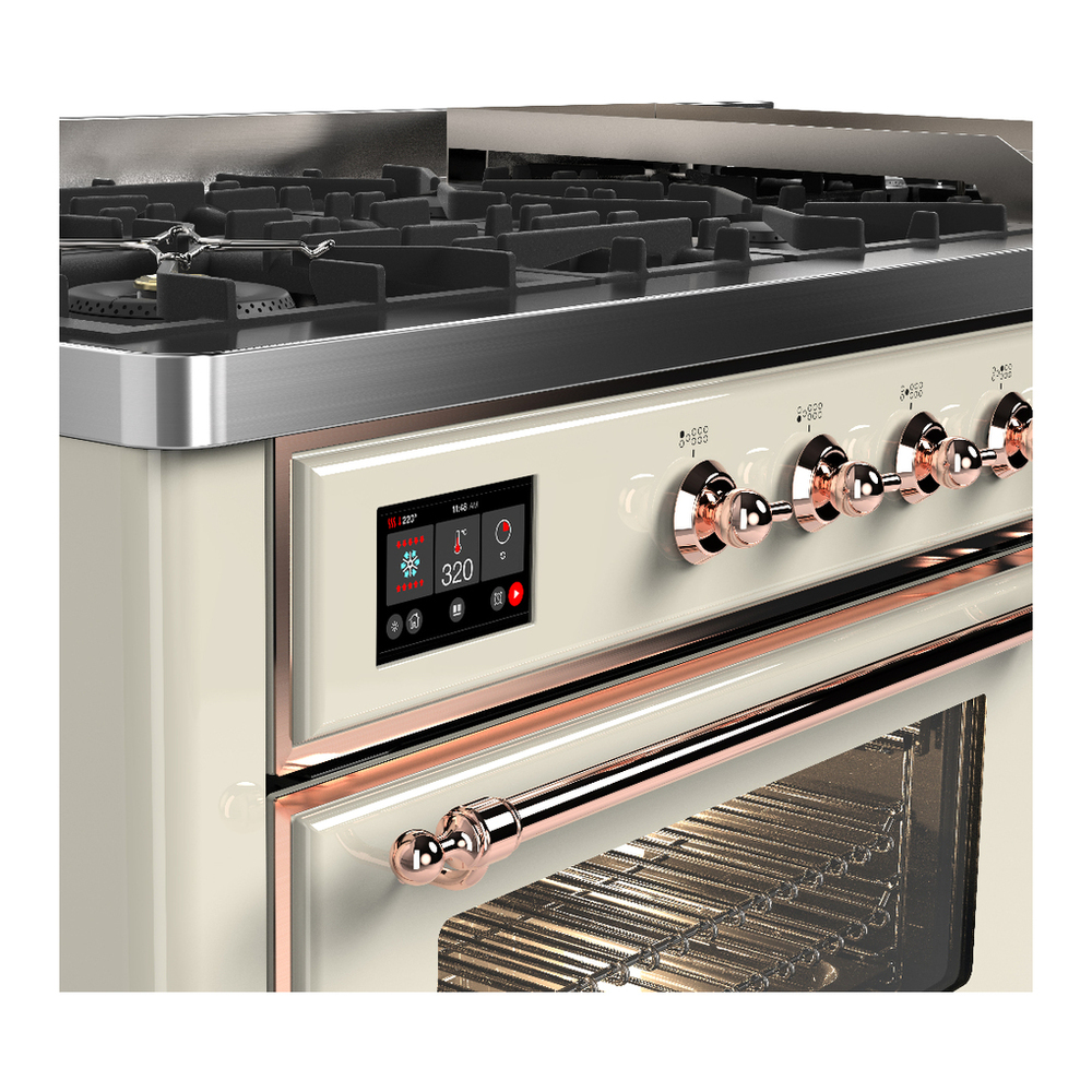 ILVE UM60FNR3AWP Majestic III 60 inch Dual Fuel Range with 9 Burners and Griddle, Dual Function Burner up to 25,000 BTU (Natural Gas, Triple Glass Door, Antique White, Copper) 7 ILVE-UM60FNR3AWP-Control Knobs View