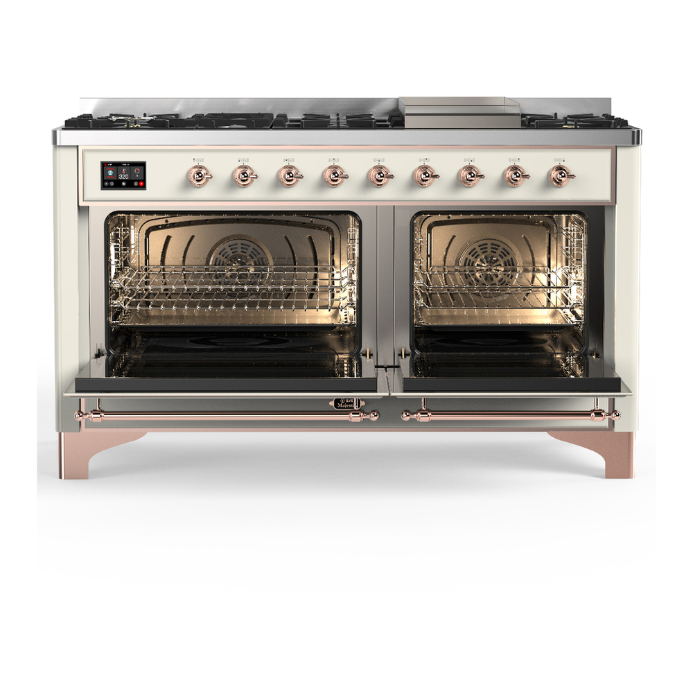 ILVE UM60FNR3AWP Majestic III 60 inch Dual Fuel Range with 9 Burners and Griddle, Dual Function Burner up to 25,000 BTU (Natural Gas, Triple Glass Door, Antique White, Copper) 2 ILVE-UM60FNR3AWP-Double Oven Open View