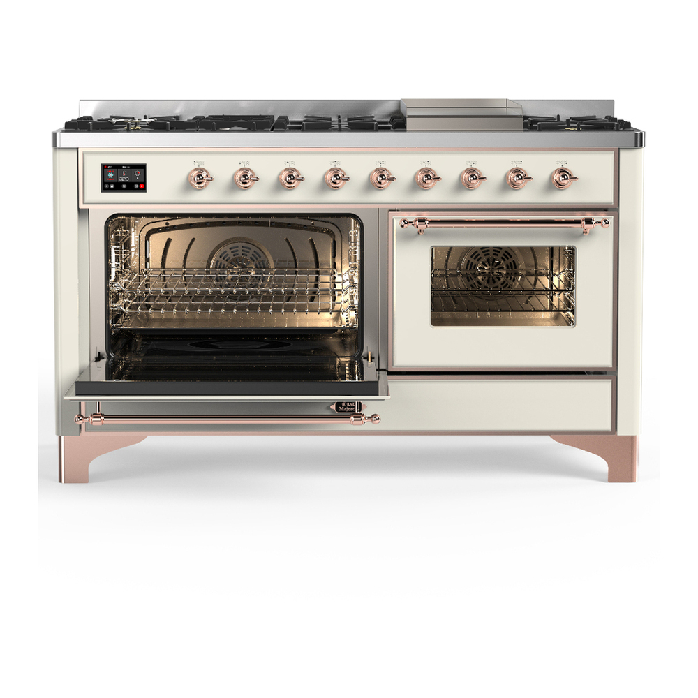ILVE UM60FNR3AWP Majestic III 60 inch Dual Fuel Range with 9 Burners and Griddle, Dual Function Burner up to 25,000 BTU (Natural Gas, Triple Glass Door, Antique White, Copper) 3 ILVE-UM60FNR3AWP-Primary Oven Open View