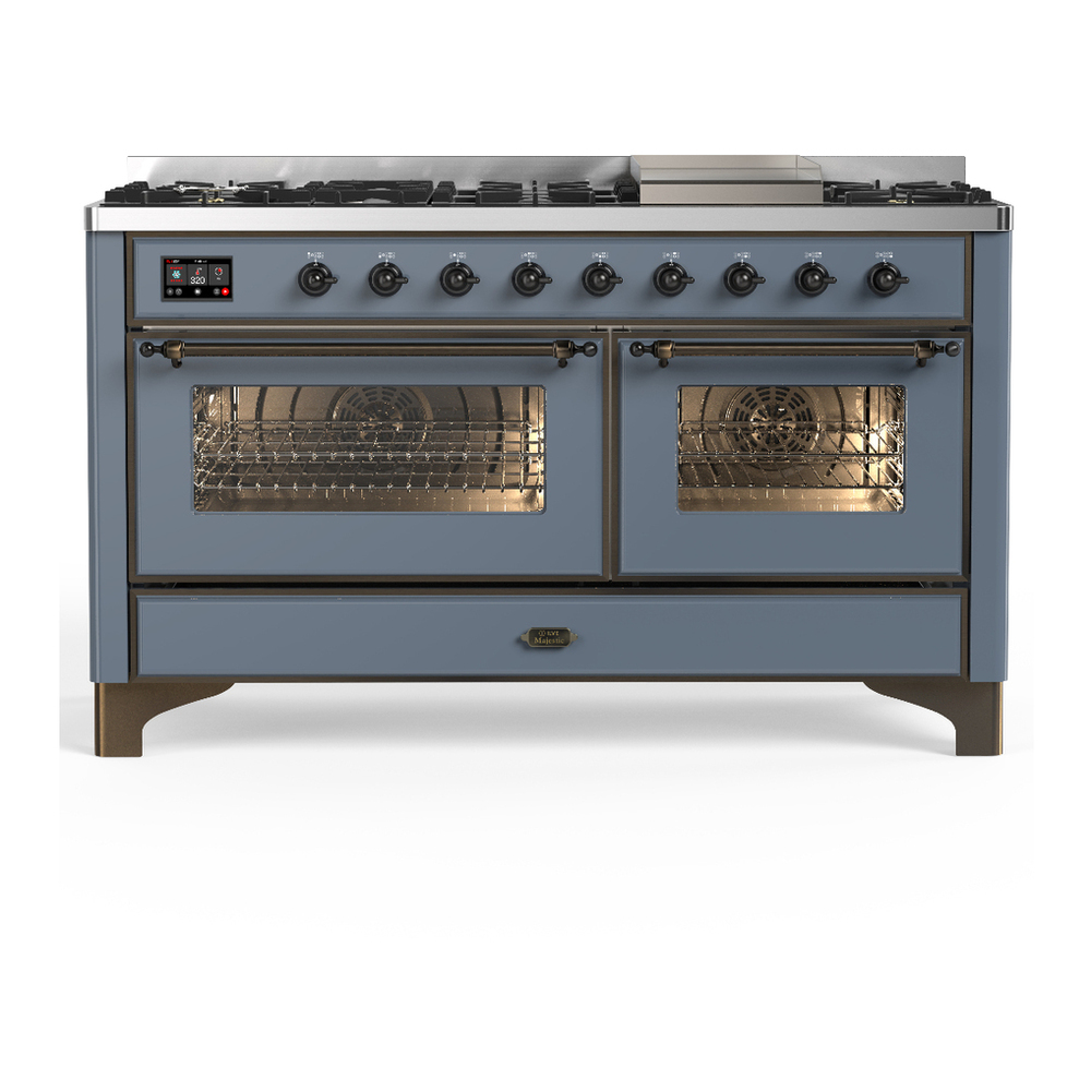 ILVE UM60FNR3BGB Majestic III 60 inch Dual Fuel Range with 9 Burners and Griddle, Dual Function Burner up to 25,000 BTU (Natural Gas, Triple Glass Door, Blue Grey, Burnished) 1 UM60FNR3BGB