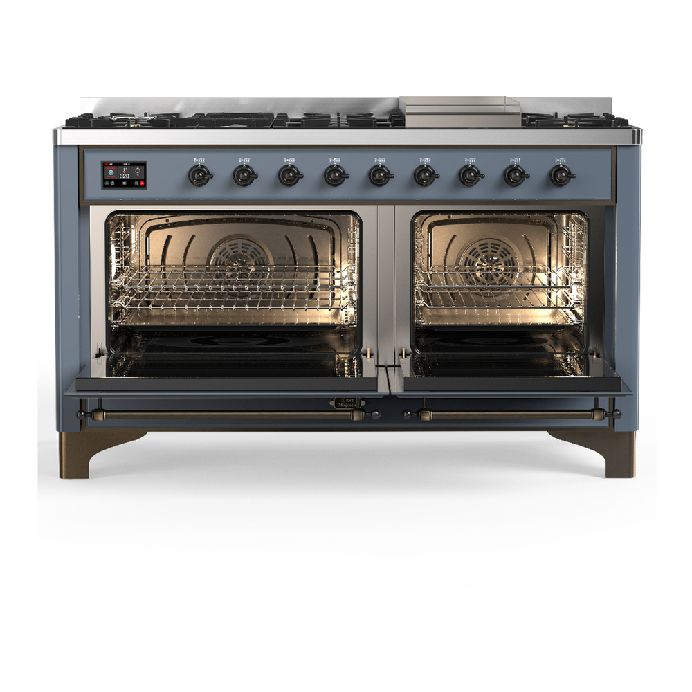 ILVE UM60FNR3BGB Majestic III 60 inch Dual Fuel Range with 9 Burners and Griddle, Dual Function Burner up to 25,000 BTU (Natural Gas, Triple Glass Door, Blue Grey, Burnished) 2 ILVE-UM60FNR3BGB-Double Oven Open View
