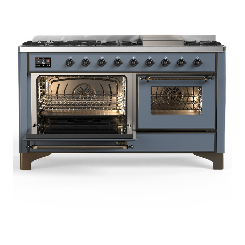 ILVE UM60FNR3BGB Majestic III 60 inch Dual Fuel Range with 9 Burners and Griddle, Dual Function Burner up to 25,000 BTU (Natural Gas, Triple Glass Door, Blue Grey, Burnished) 3 ILVE-UM60FNR3BGB-Primary Oven Open View