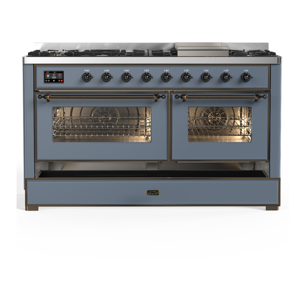 ILVE UM60FNR3BGB Majestic III 60 inch Dual Fuel Range with 9 Burners and Griddle, Dual Function Burner up to 25,000 BTU (Natural Gas, Triple Glass Door, Blue Grey, Burnished) 5 ILVE-UM60FNR3BGB-Drawer Open View