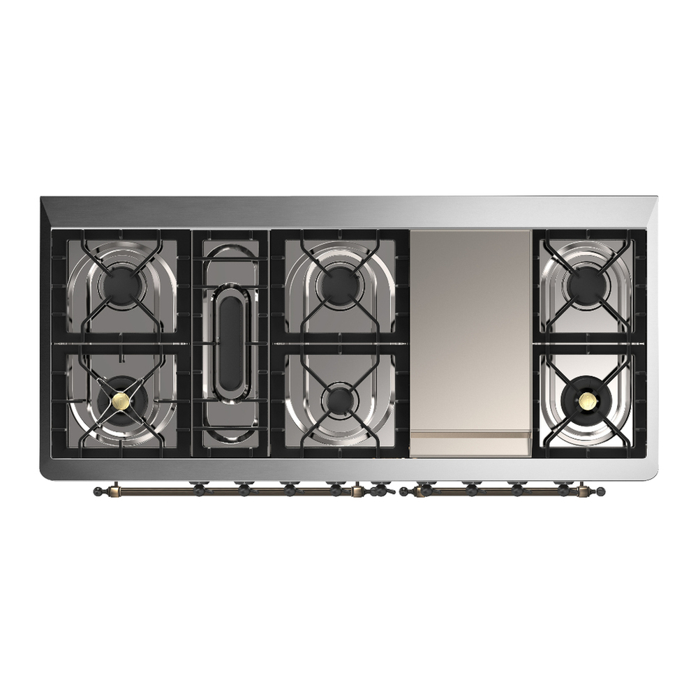 ILVE UM60FNR3BGB Majestic III 60 inch Dual Fuel Range with 9 Burners and Griddle, Dual Function Burner up to 25,000 BTU (Natural Gas, Triple Glass Door, Blue Grey, Burnished) 6 ILVE-UM60FNR3BGB-Top View