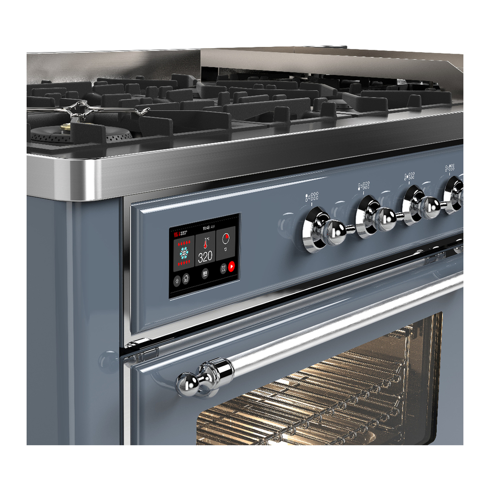 ILVE UM60FNR3BGCLP Majestic III 60 inch Dual Fuel Range with 9 Burners and Griddle, Dual Function Burner up to 25,000 BTU (Liquid Propane, Triple Glass Door, Blue Grey, Chrome) 7 ILVE-UM60FNR3BGCLP-Control Knobs View