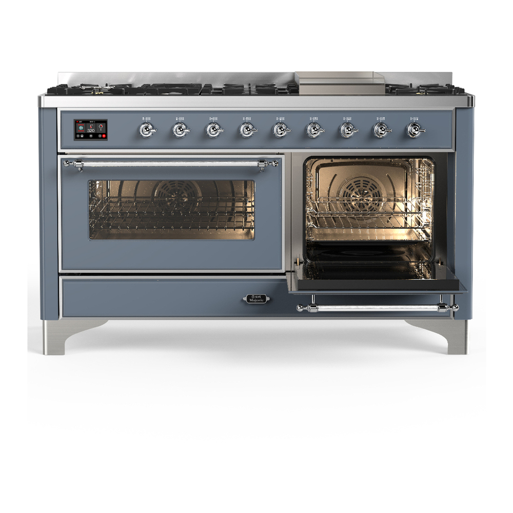 ILVE UM60FNR3BGCLP Majestic III 60 inch Dual Fuel Range with 9 Burners and Griddle, Dual Function Burner up to 25,000 BTU (Liquid Propane, Triple Glass Door, Blue Grey, Chrome) 4 ILVE-UM60FNR3BGCLP-Secondary Oven Open View