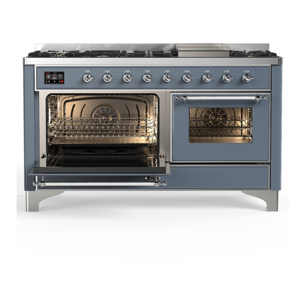 ILVE UM60FNR3BGCLP Majestic III 60 inch Dual Fuel Range with 9 Burners and Griddle, Dual Function Burner up to 25,000 BTU (Liquid Propane, Triple Glass Door, Blue Grey, Chrome) 3 ILVE-UM60FNR3BGCLP-Primary Oven Open View