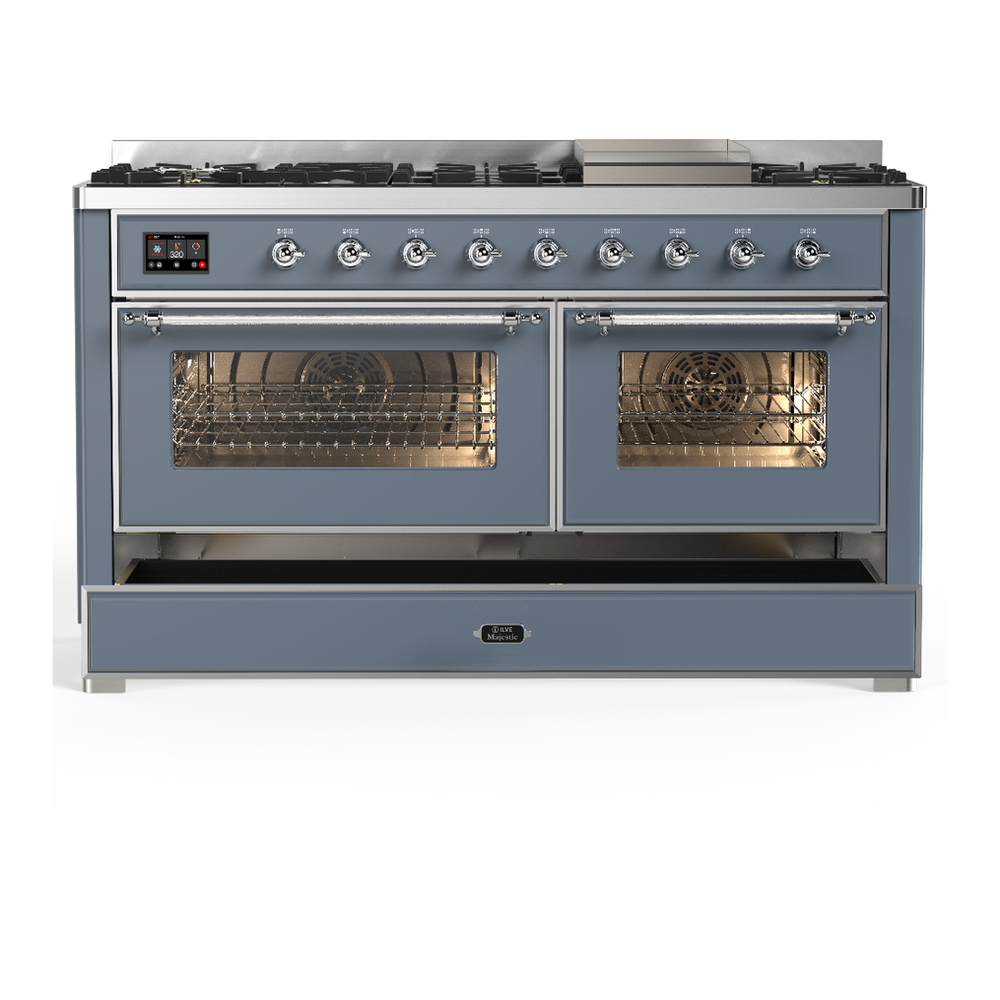 ILVE UM60FNR3BGCLP Majestic III 60 inch Dual Fuel Range with 9 Burners and Griddle, Dual Function Burner up to 25,000 BTU (Liquid Propane, Triple Glass Door, Blue Grey, Chrome) 5 ILVE-UM60FNR3BGCLP-Drawer Open View