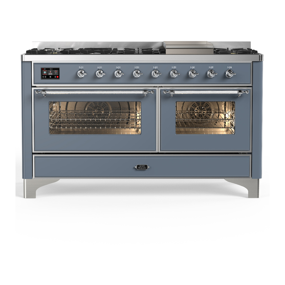ILVE UM60FNR3BGC Majestic III 60 inch Dual Fuel Range with 9 Burners and Griddle, Dual Function Burner up to 25,000 BTU (Natural Gas, Triple Glass Door, Blue Grey, Chrome) 1 UM60FNR3BGC