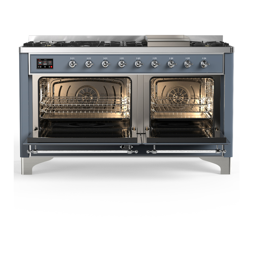 ILVE UM60FNR3BGC Majestic III 60 inch Dual Fuel Range with 9 Burners and Griddle, Dual Function Burner up to 25,000 BTU (Natural Gas, Triple Glass Door, Blue Grey, Chrome) 2 ILVE-UM60FNR3BGC-Double Oven Open View