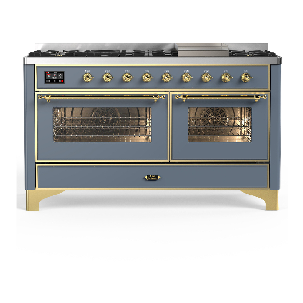 ILVE UM60FNR3BGGLP Majestic III 60 inch Dual Fuel Range with 9 Burners and Griddle, Dual Function Burner up to 25,000 BTU (Liquid Propane, Triple Glass Door, Blue Grey, Brass) 1 UM60FNR3BGGLP