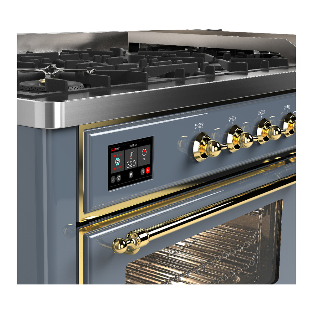 ILVE UM60FNR3BGGLP Majestic III 60 inch Dual Fuel Range with 9 Burners and Griddle, Dual Function Burner up to 25,000 BTU (Liquid Propane, Triple Glass Door, Blue Grey, Brass) 7 ILVE-UM60FNR3BGGLP-Control Knobs View