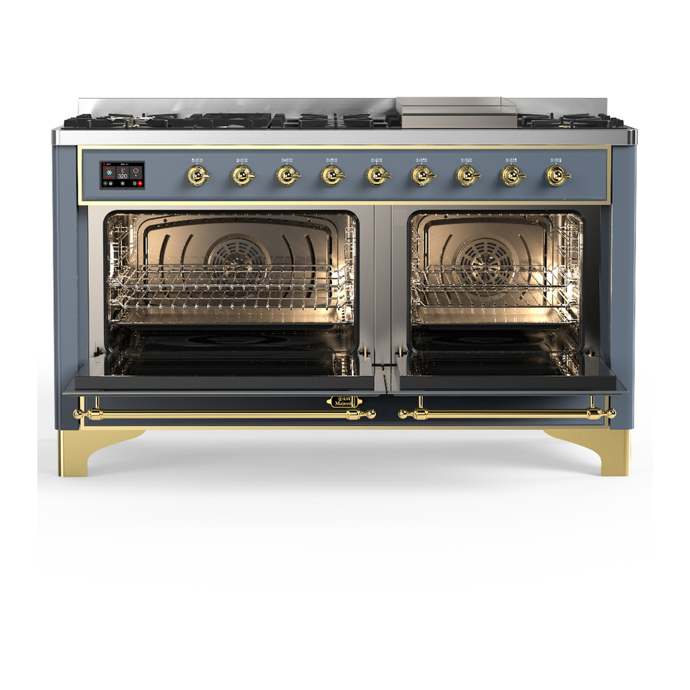ILVE UM60FNR3BGGLP Majestic III 60 inch Dual Fuel Range with 9 Burners and Griddle, Dual Function Burner up to 25,000 BTU (Liquid Propane, Triple Glass Door, Blue Grey, Brass) 2 ILVE-UM60FNR3BGGLP-Double Oven Open View