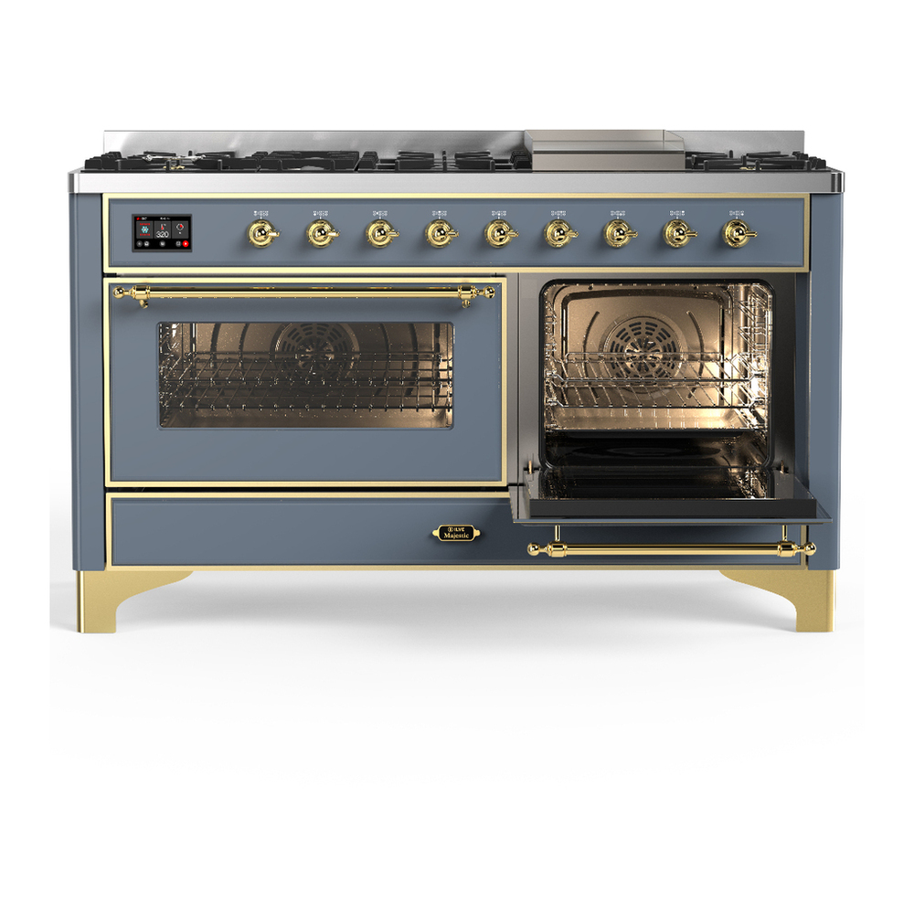 ILVE UM60FNR3BGGLP Majestic III 60 inch Dual Fuel Range with 9 Burners and Griddle, Dual Function Burner up to 25,000 BTU (Liquid Propane, Triple Glass Door, Blue Grey, Brass) 4 ILVE-UM60FNR3BGGLP-Secondary Oven Open View