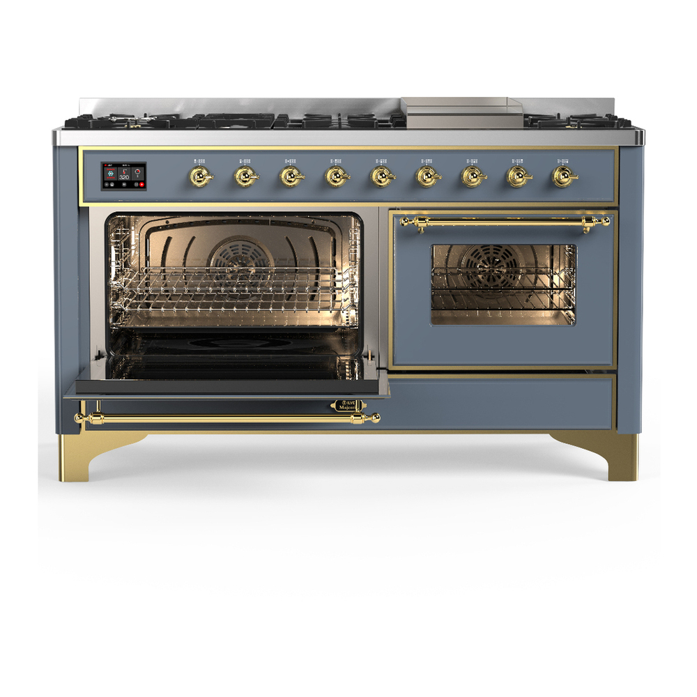 ILVE UM60FNR3BGGLP Majestic III 60 inch Dual Fuel Range with 9 Burners and Griddle, Dual Function Burner up to 25,000 BTU (Liquid Propane, Triple Glass Door, Blue Grey, Brass) 3 ILVE-UM60FNR3BGGLP-Primary Oven Open View