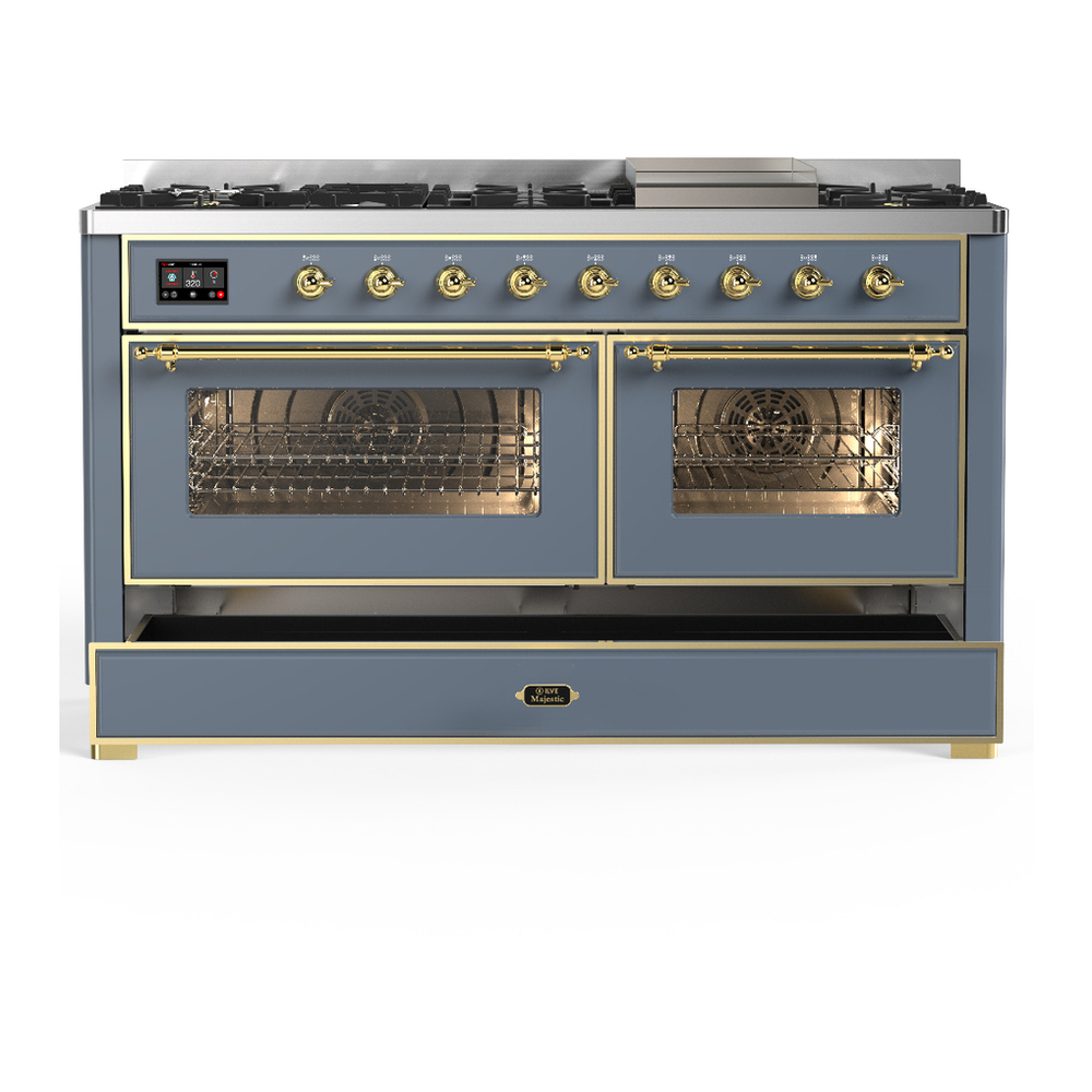 ILVE UM60FNR3BGGLP Majestic III 60 inch Dual Fuel Range with 9 Burners and Griddle, Dual Function Burner up to 25,000 BTU (Liquid Propane, Triple Glass Door, Blue Grey, Brass) 5 ILVE-UM60FNR3BGGLP-Drawer Open View