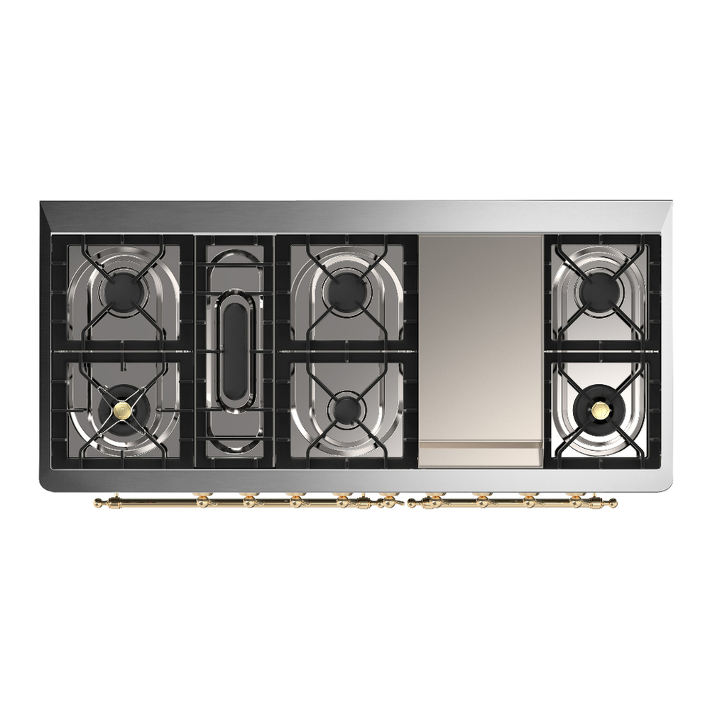 ILVE UM60FNR3BGGLP Majestic III 60 inch Dual Fuel Range with 9 Burners and Griddle, Dual Function Burner up to 25,000 BTU (Liquid Propane, Triple Glass Door, Blue Grey, Brass) 6 ILVE-UM60FNR3BGGLP-Top View