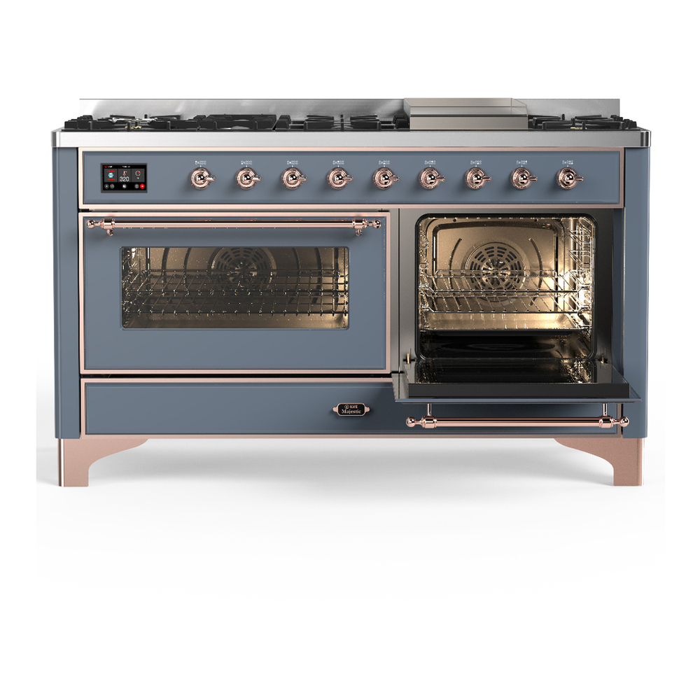ILVE UM60FNR3BGPLP Majestic III 60 inch Dual Fuel Range with 9 Burners and Griddle, Dual Function Burner up to 25,000 BTU (Liquid Propane, Triple Glass Door, Blue Grey, Copper) 4 ILVE-UM60FNR3BGPLP-Secondary Oven Open View