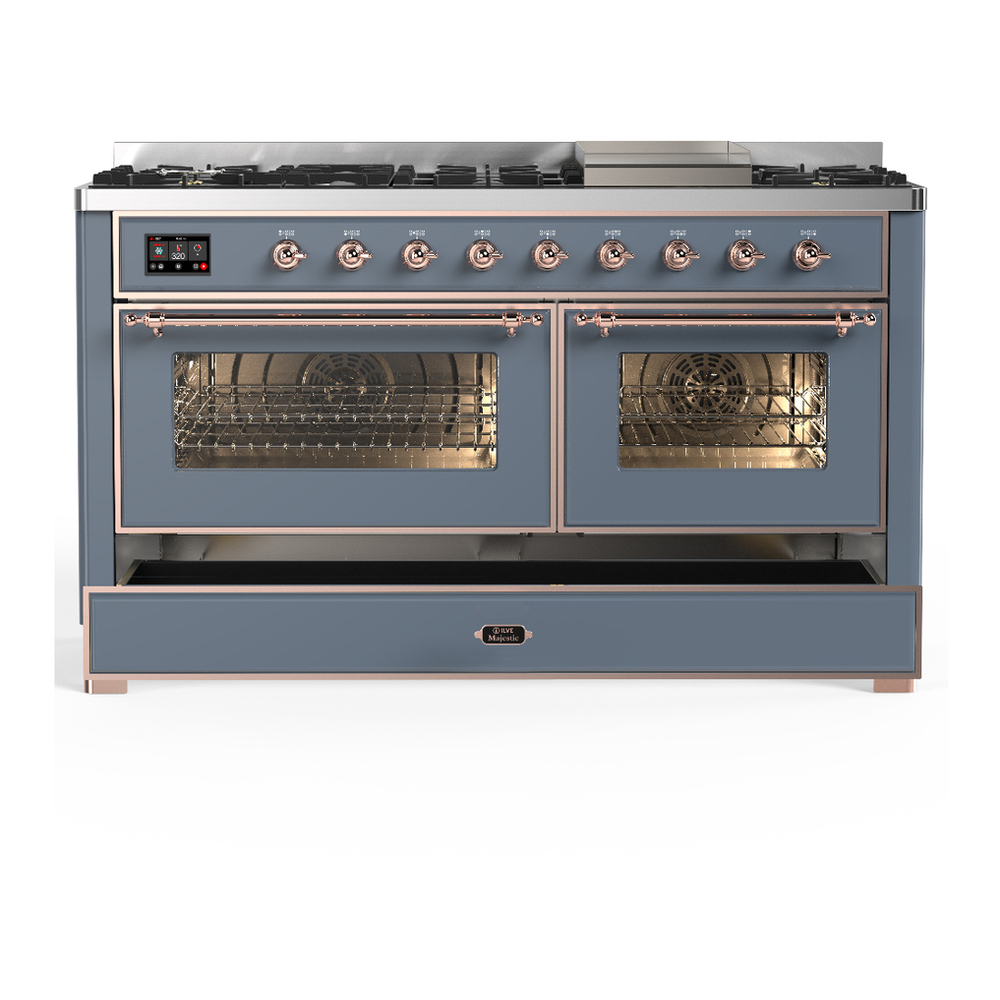 ILVE UM60FNR3BGPLP Majestic III 60 inch Dual Fuel Range with 9 Burners and Griddle, Dual Function Burner up to 25,000 BTU (Liquid Propane, Triple Glass Door, Blue Grey, Copper) 5 ILVE-UM60FNR3BGPLP-Drawer Open View