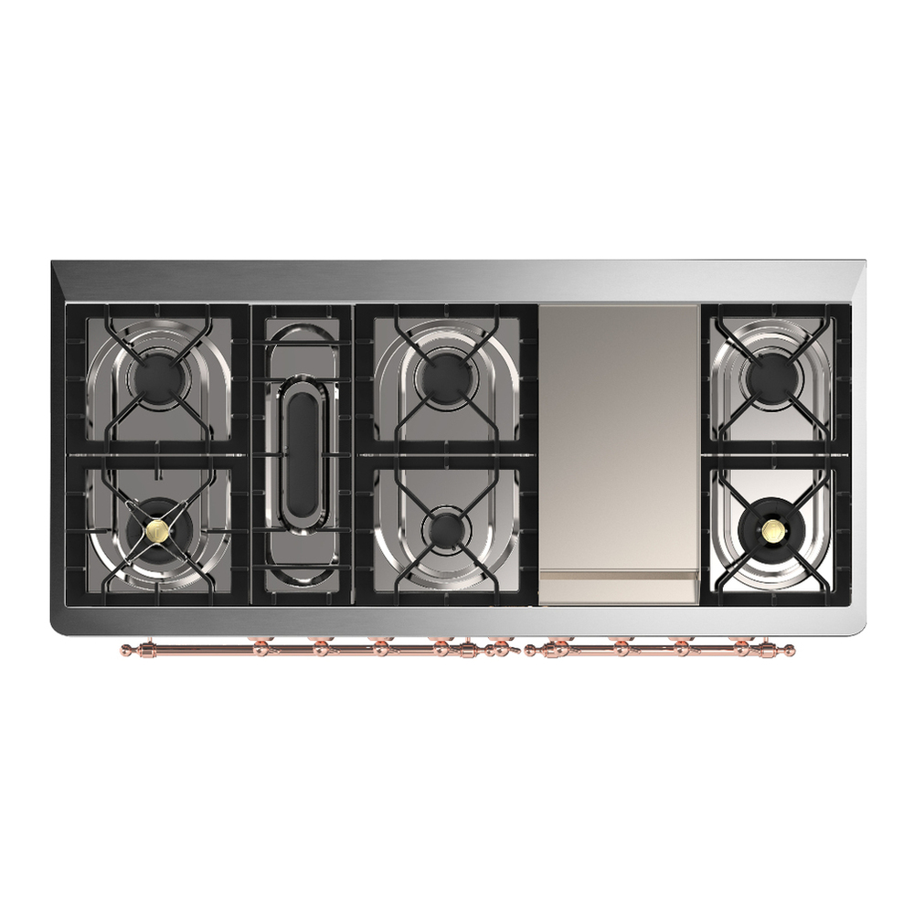 ILVE UM60FNR3BGPLP Majestic III 60 inch Dual Fuel Range with 9 Burners and Griddle, Dual Function Burner up to 25,000 BTU (Liquid Propane, Triple Glass Door, Blue Grey, Copper) 6 ILVE-UM60FNR3BGPLP-Top View