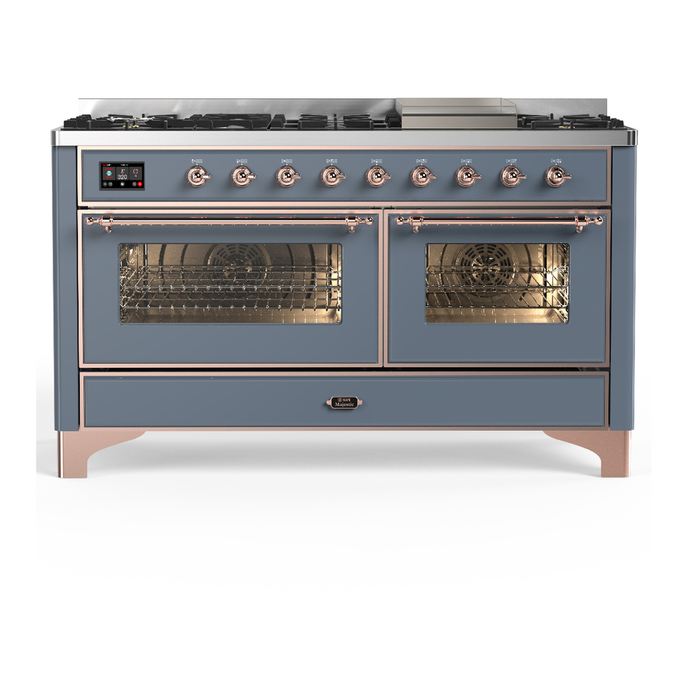 ILVE UM60FNR3BGP Majestic III 60 inch Dual Fuel Range with 9 Burners and Griddle, Dual Function Burner up to 25,000 BTU (Natural Gas, Triple Glass Door, Blue Grey, Copper) 1 UM60FNR3BGP