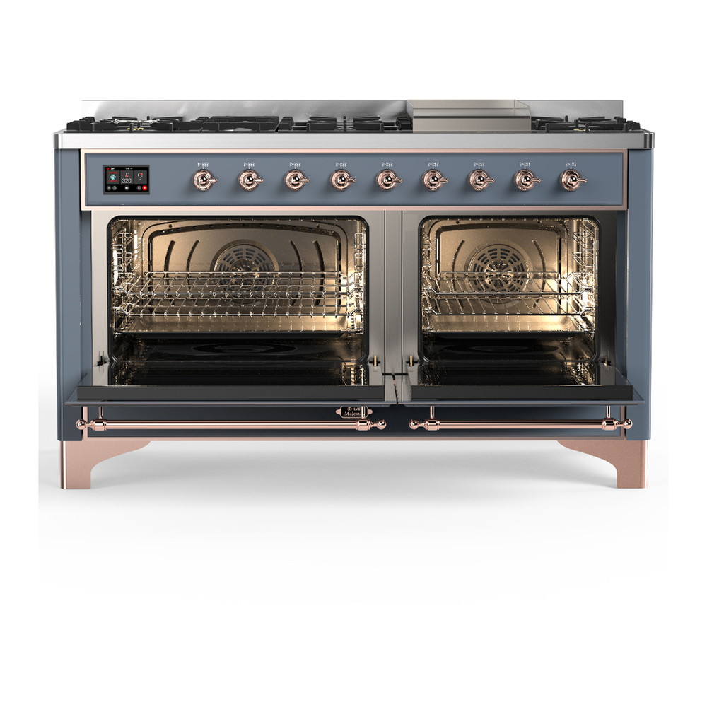 ILVE UM60FNR3BGP Majestic III 60 inch Dual Fuel Range with 9 Burners and Griddle, Dual Function Burner up to 25,000 BTU (Natural Gas, Triple Glass Door, Blue Grey, Copper) 2 ILVE-UM60FNR3BGP-Double Oven Open View