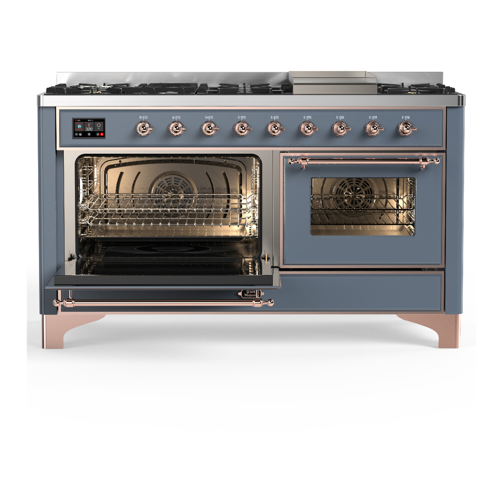 ILVE UM60FNR3BGP Majestic III 60 inch Dual Fuel Range with 9 Burners and Griddle, Dual Function Burner up to 25,000 BTU (Natural Gas, Triple Glass Door, Blue Grey, Copper) 3 ILVE-UM60FNR3BGP-Primary Oven Open View