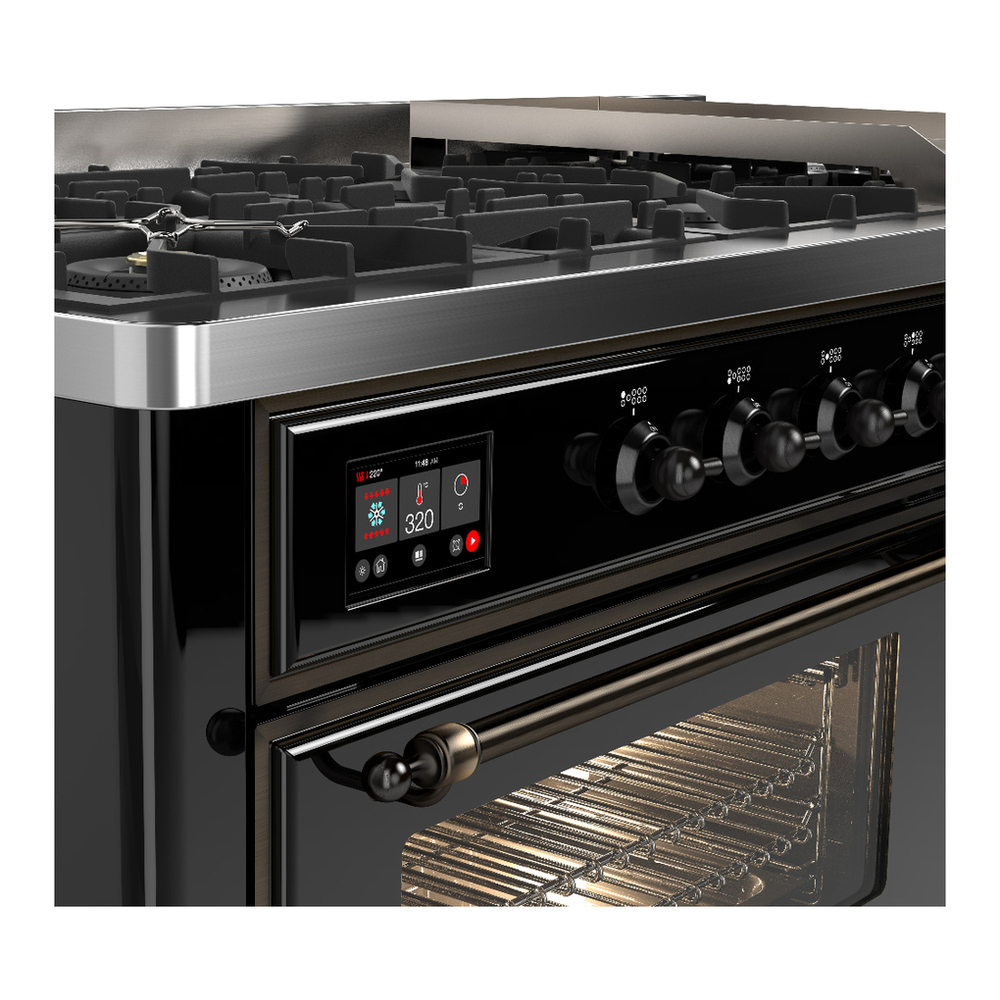 ILVE UM60FNR3BKBLP Majestic III 60 inch Dual Fuel Range with 9 Burners and Griddle, Dual Function Burner up to 25,000 BTU (Liquid Propane, Triple Glass Door, Glossy Black, Burnished) 7 ILVE-UM60FNR3BKBLP-Control Knobs View