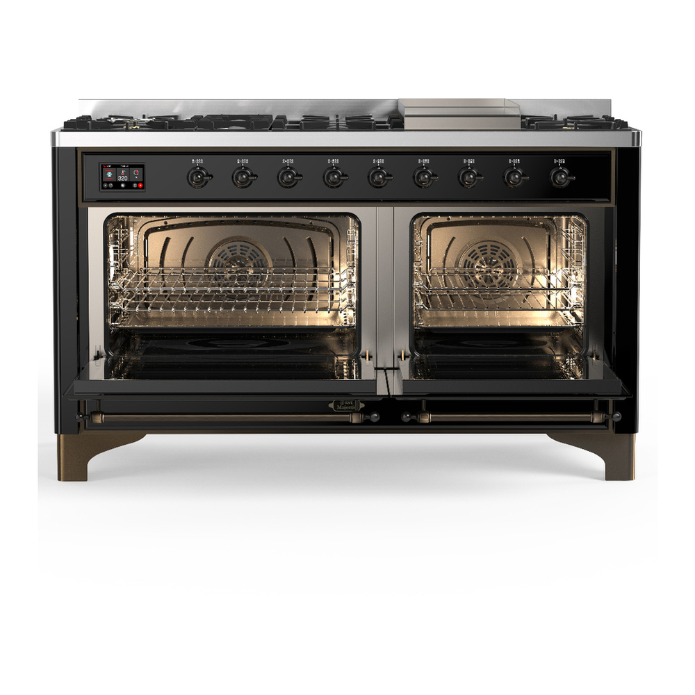 ILVE UM60FNR3BKBLP Majestic III 60 inch Dual Fuel Range with 9 Burners and Griddle, Dual Function Burner up to 25,000 BTU (Liquid Propane, Triple Glass Door, Glossy Black, Burnished) 2 ILVE-UM60FNR3BKBLP-Double Oven Open View