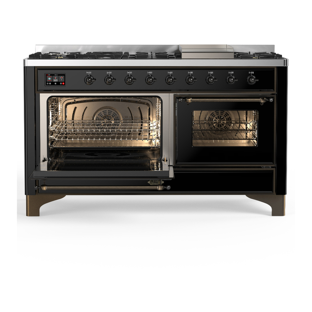ILVE UM60FNR3BKBLP Majestic III 60 inch Dual Fuel Range with 9 Burners and Griddle, Dual Function Burner up to 25,000 BTU (Liquid Propane, Triple Glass Door, Glossy Black, Burnished) 3 ILVE-UM60FNR3BKBLP-Primary Oven Open View