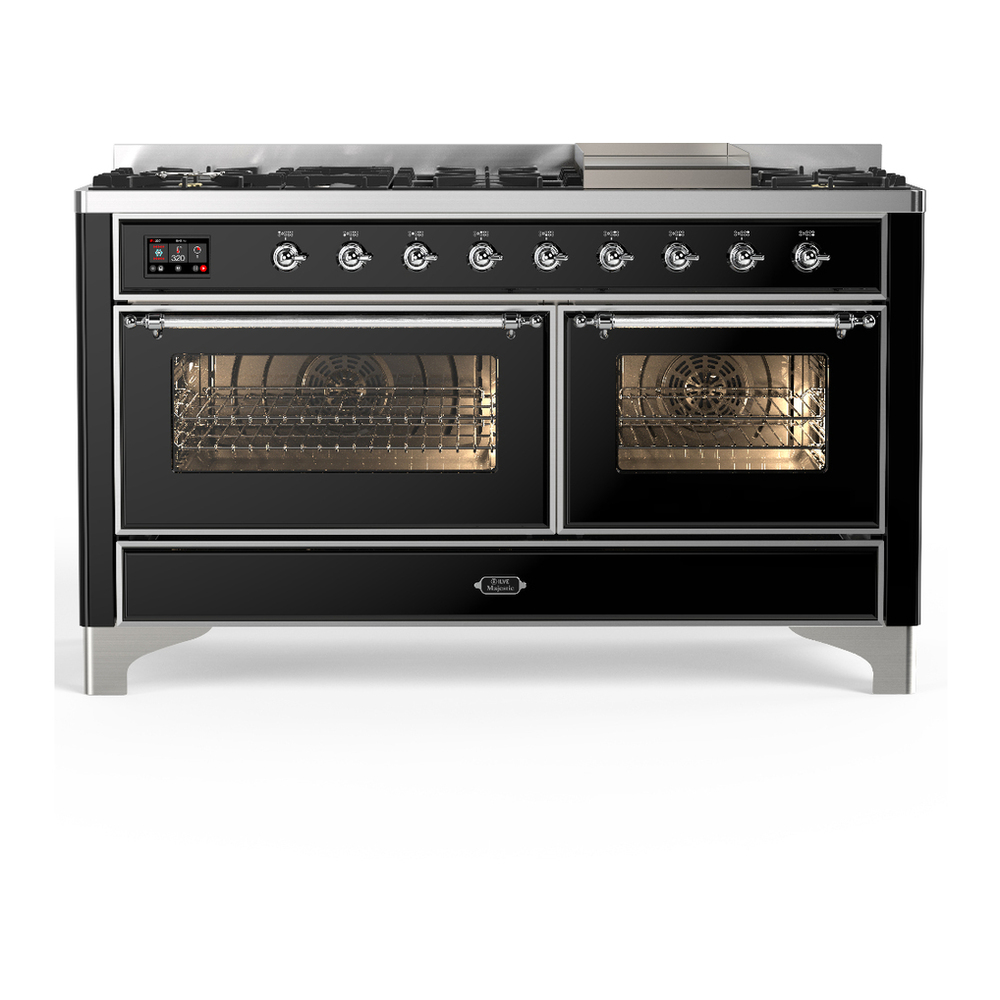 ILVE UM60FNR3BKCLP Majestic III 60 inch Dual Fuel Range with 9 Burners and Griddle, Dual Function Burner up to 25,000 BTU (Liquid Propane, Triple Glass Door, Glossy Black, Chrome) 1 UM60FNR3BKCLP
