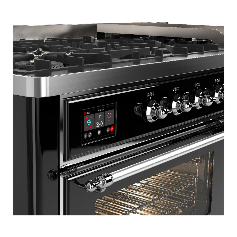 ILVE UM60FNR3BKCLP Majestic III 60 inch Dual Fuel Range with 9 Burners and Griddle, Dual Function Burner up to 25,000 BTU (Liquid Propane, Triple Glass Door, Glossy Black, Chrome) 7 ILVE-UM60FNR3BKCLP-Control Knobs View