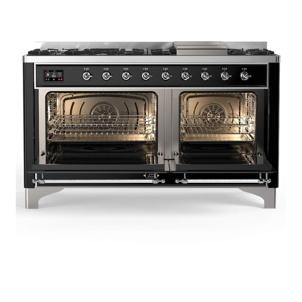 ILVE UM60FNR3BKCLP Majestic III 60 inch Dual Fuel Range with 9 Burners and Griddle, Dual Function Burner up to 25,000 BTU (Liquid Propane, Triple Glass Door, Glossy Black, Chrome) 2 ILVE-UM60FNR3BKCLP-Double Oven Open View