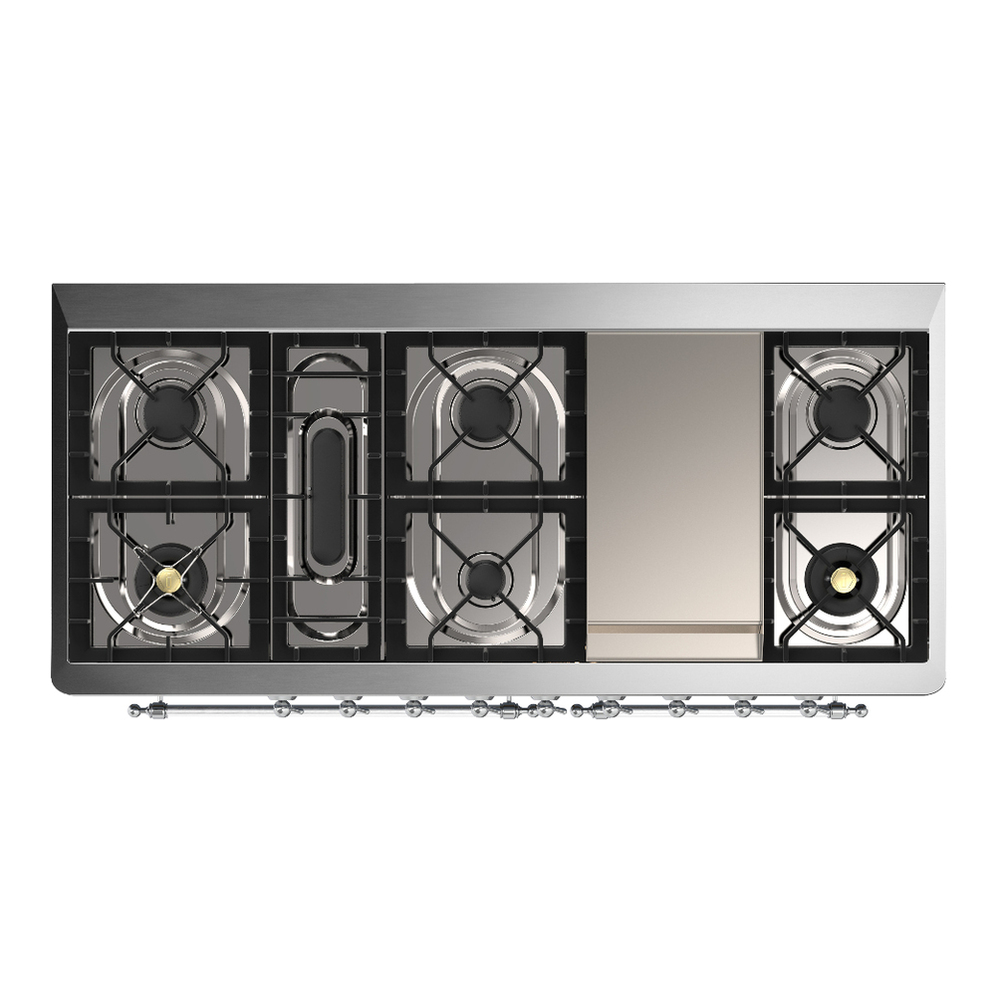 ILVE UM60FNR3BKCLP Majestic III 60 inch Dual Fuel Range with 9 Burners and Griddle, Dual Function Burner up to 25,000 BTU (Liquid Propane, Triple Glass Door, Glossy Black, Chrome) 6 ILVE-UM60FNR3BKCLP-Top View