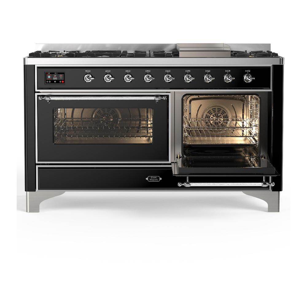 ILVE UM60FNR3BKC Majestic III 60 inch Dual Fuel Range with 9 Burners and Griddle, Dual Function Burner up to 25,000 BTU (Natural Gas, Triple Glass Door, Glossy Black, Chrome) 4 ILVE-UM60FNR3BKC-Secondary Oven Open View