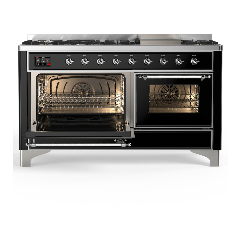 ILVE UM60FNR3BKC Majestic III 60 inch Dual Fuel Range with 9 Burners and Griddle, Dual Function Burner up to 25,000 BTU (Natural Gas, Triple Glass Door, Glossy Black, Chrome) 3 ILVE-UM60FNR3BKC-Primary Oven Open View