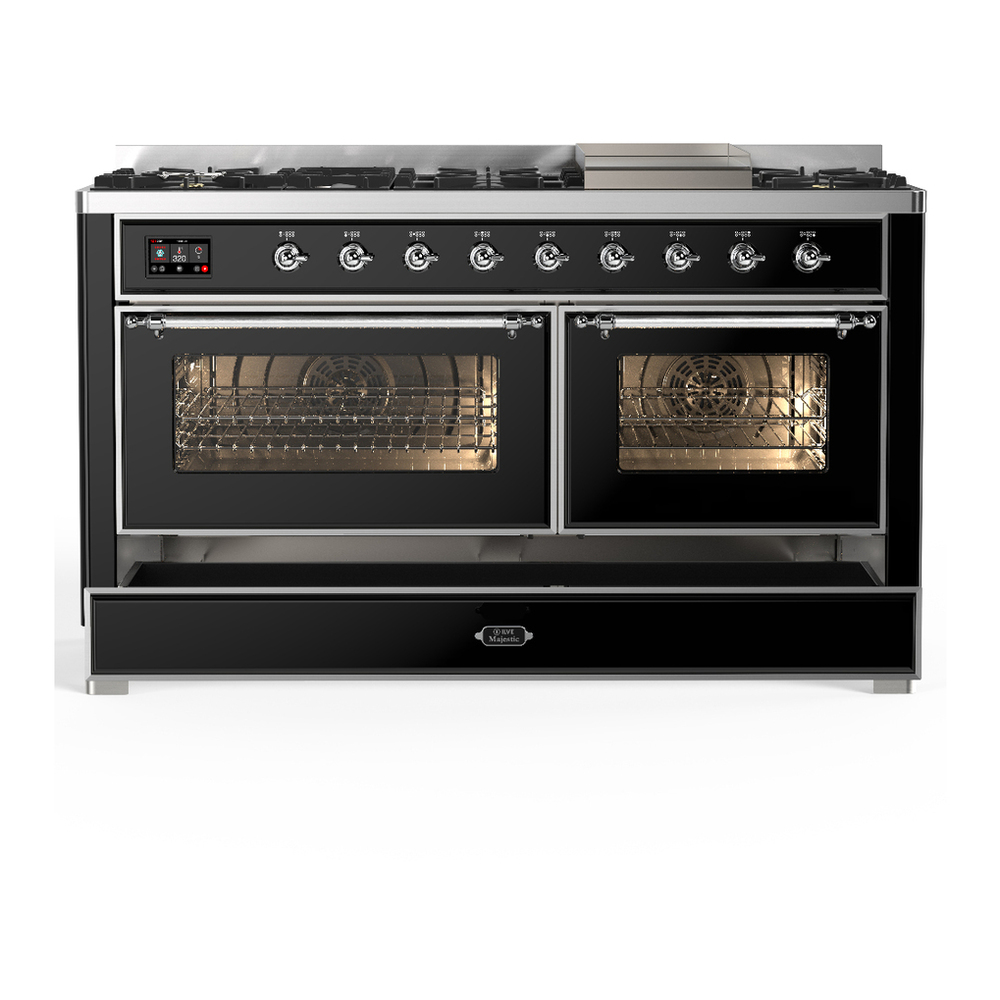 ILVE UM60FNR3BKC Majestic III 60 inch Dual Fuel Range with 9 Burners and Griddle, Dual Function Burner up to 25,000 BTU (Natural Gas, Triple Glass Door, Glossy Black, Chrome) 5 ILVE-UM60FNR3BKC-Drawer Open View