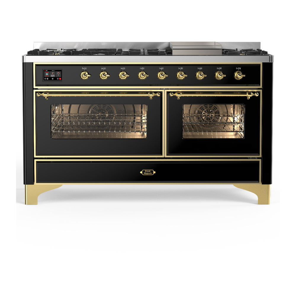 ILVE UM60FNR3BKGLP Majestic III 60 inch Dual Fuel Range with 9 Burners and Griddle, Dual Function Burner up to 25,000 BTU (Liquid Propane, Triple Glass Door, Glossy Black, Brass) 1 UM60FNR3BKGLP