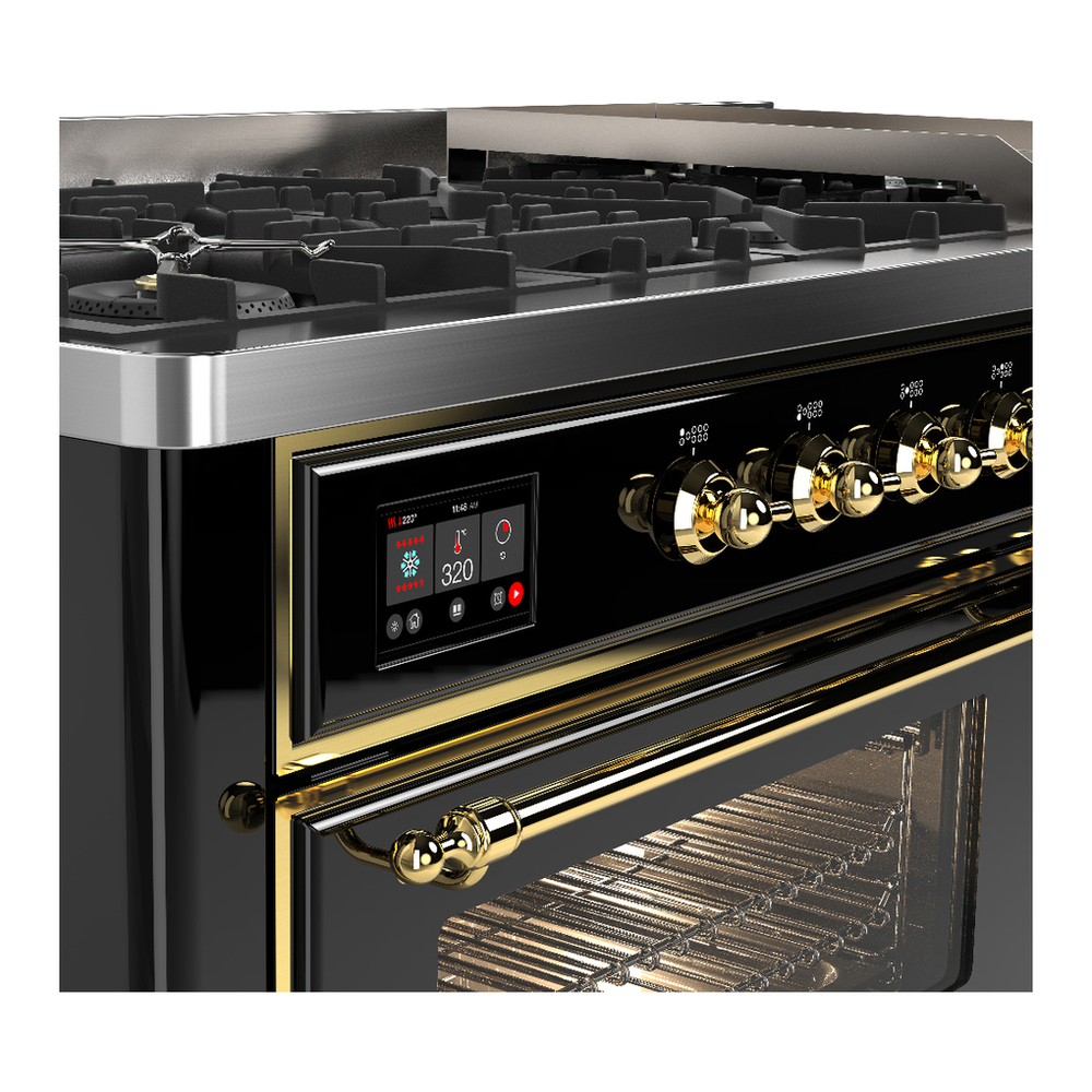 ILVE UM60FNR3BKGLP Majestic III 60 inch Dual Fuel Range with 9 Burners and Griddle, Dual Function Burner up to 25,000 BTU (Liquid Propane, Triple Glass Door, Glossy Black, Brass) 7 ILVE-UM60FNR3BKGLP-Control Knobs View
