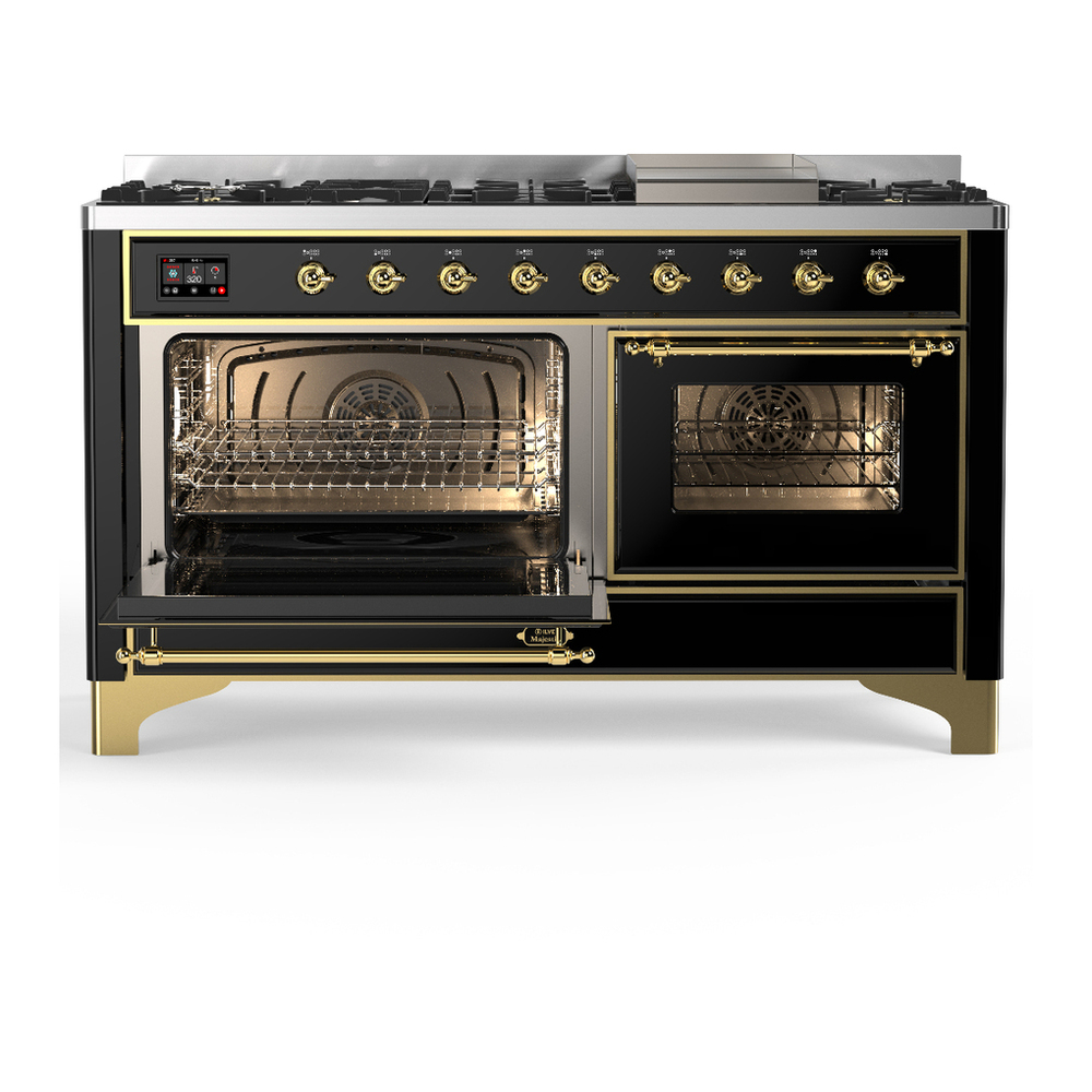 ILVE UM60FNR3BKGLP Majestic III 60 inch Dual Fuel Range with 9 Burners and Griddle, Dual Function Burner up to 25,000 BTU (Liquid Propane, Triple Glass Door, Glossy Black, Brass) 3 ILVE-UM60FNR3BKGLP-Primary Oven Open View