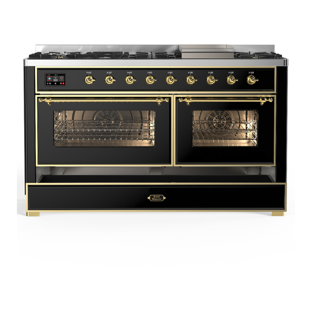ILVE UM60FNR3BKGLP Majestic III 60 inch Dual Fuel Range with 9 Burners and Griddle, Dual Function Burner up to 25,000 BTU (Liquid Propane, Triple Glass Door, Glossy Black, Brass) 5 ILVE-UM60FNR3BKGLP-Drawer Open View