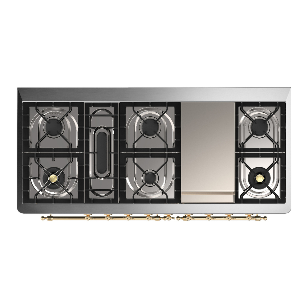 ILVE UM60FNR3BKGLP Majestic III 60 inch Dual Fuel Range with 9 Burners and Griddle, Dual Function Burner up to 25,000 BTU (Liquid Propane, Triple Glass Door, Glossy Black, Brass) 6 ILVE-UM60FNR3BKGLP-Top View