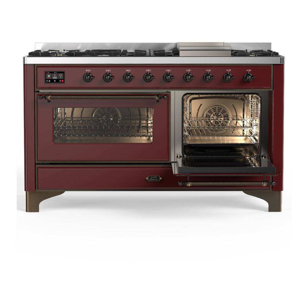 ILVE UM60FNR3BUBLP Majestic III 60 inch Dual Fuel Range with 9 Burners and Griddle, Dual Function Burner up to 25,000 BTU (Liquid Propane, Triple Glass Door, Burgundy, Burnished) 4 ILVE-UM60FNR3BUBLP-Secondary Oven Open View