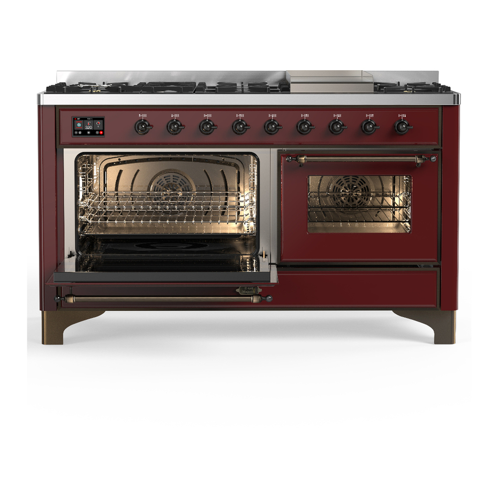 ILVE UM60FNR3BUBLP Majestic III 60 inch Dual Fuel Range with 9 Burners and Griddle, Dual Function Burner up to 25,000 BTU (Liquid Propane, Triple Glass Door, Burgundy, Burnished) 3 ILVE-UM60FNR3BUBLP-Primary Oven Open View