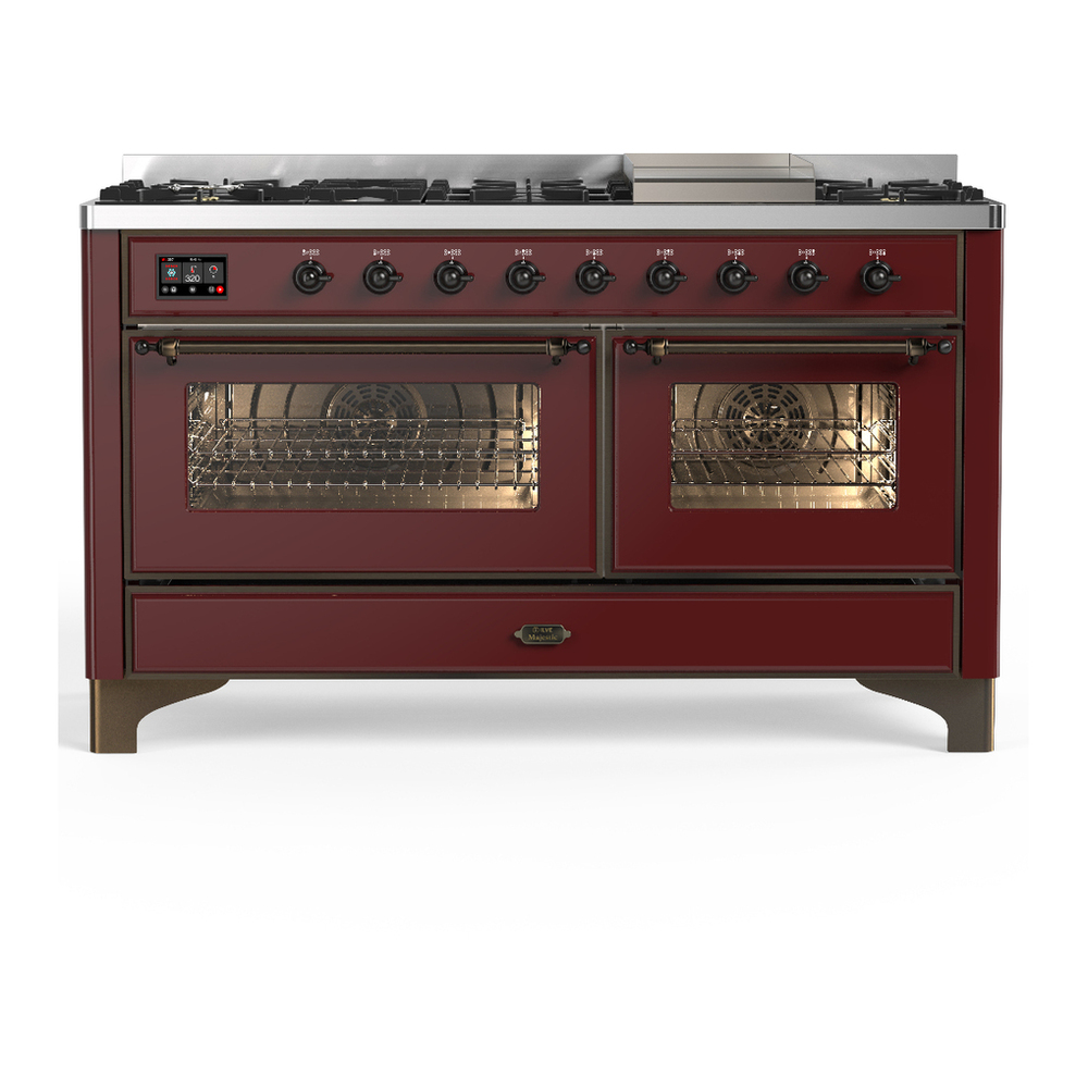 ILVE UM60FNR3BUB Majestic III 60 inch Dual Fuel Range with 9 Burners and Griddle, Dual Function Burner up to 25,000 BTU (Natural Gas, Triple Glass Door, Burgundy, Burnished) 1 UM60FNR3BUB