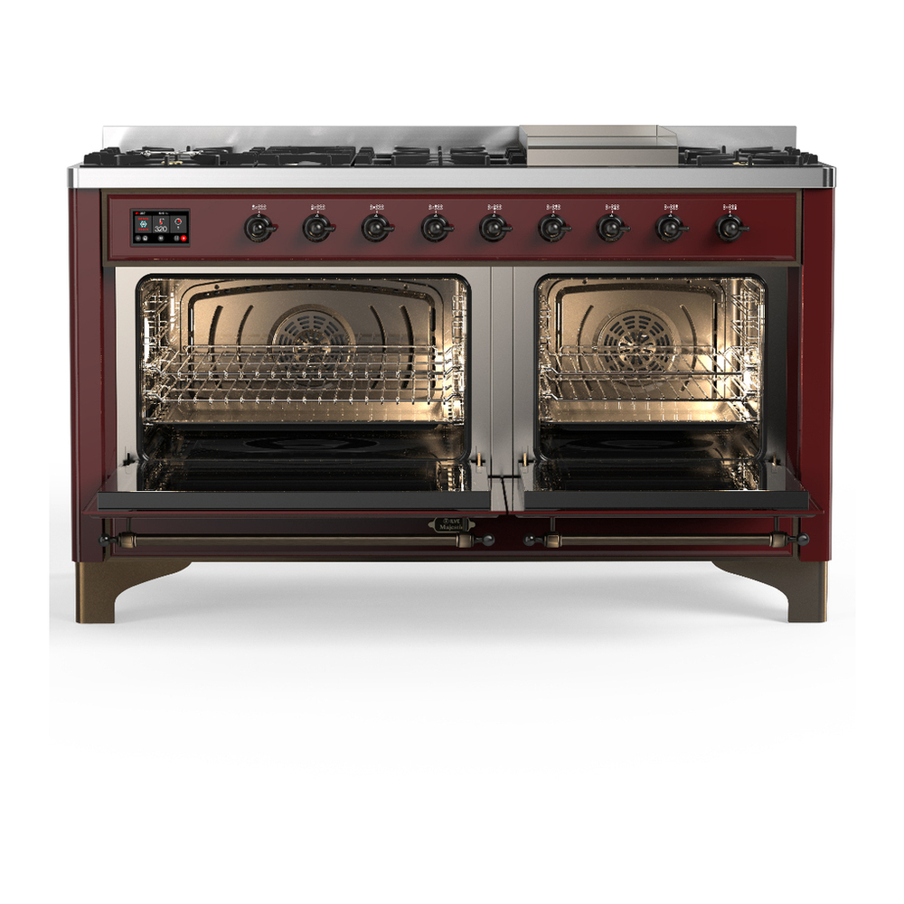 ILVE UM60FNR3BUB Majestic III 60 inch Dual Fuel Range with 9 Burners and Griddle, Dual Function Burner up to 25,000 BTU (Natural Gas, Triple Glass Door, Burgundy, Burnished) 2 ILVE-UM60FNR3BUB-Double Oven Open View