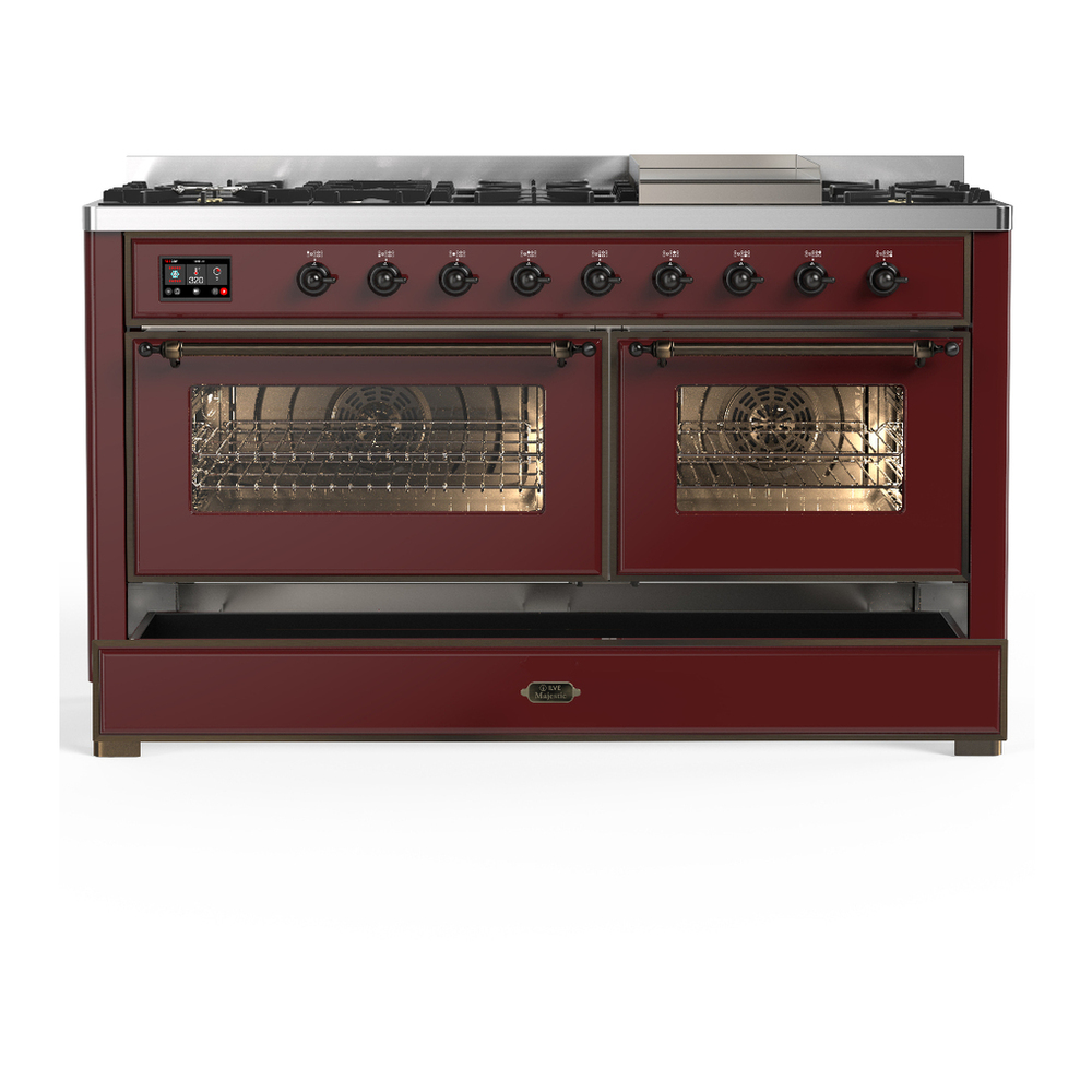 ILVE UM60FNR3BUB Majestic III 60 inch Dual Fuel Range with 9 Burners and Griddle, Dual Function Burner up to 25,000 BTU (Natural Gas, Triple Glass Door, Burgundy, Burnished) 5 ILVE-UM60FNR3BUB-Drawer Open View