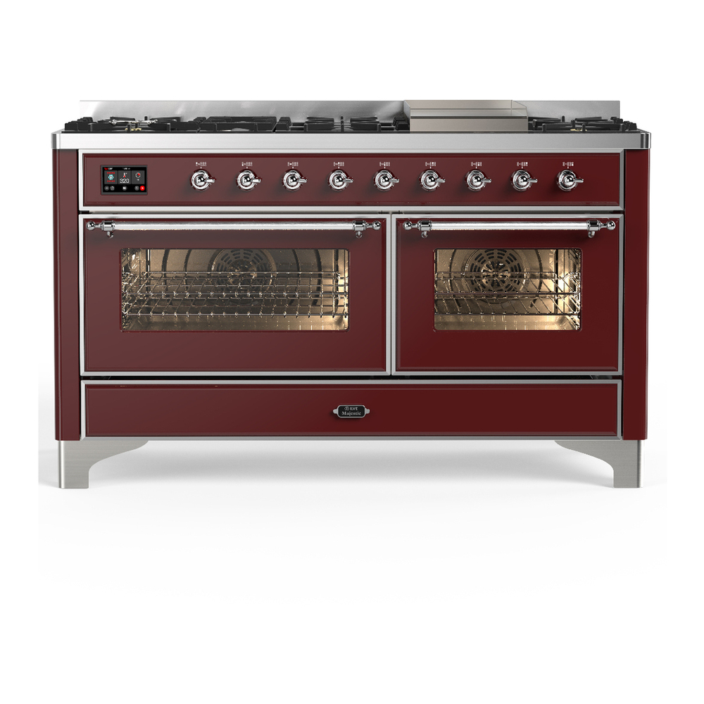 ILVE UM60FNR3BUC Majestic III 60 inch Dual Fuel Range with 9 Burners and Griddle, Dual Function Burner up to 25,000 BTU (Natural Gas, Triple Glass Door, Burgundy, Chrome) 1 UM60FNR3BUC